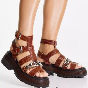 Topshop Pioneer chain chunky leather sandal in brown